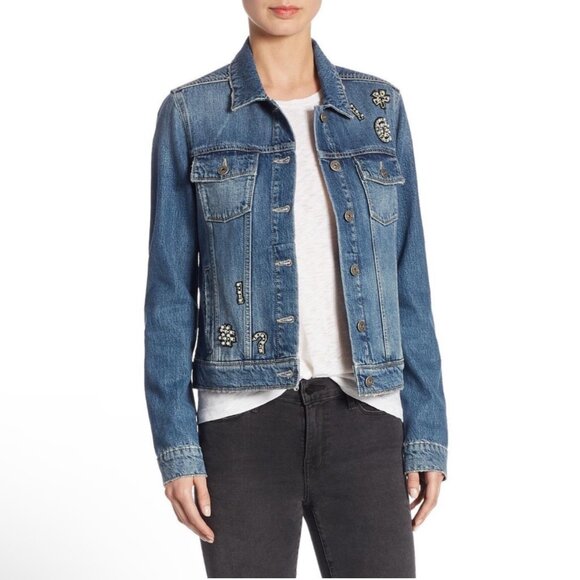 Paige “Ciao Baby!” Embellished Denim Jacket Women’s M Blue Pearl Rhinestone Jean - Picture 3 of 13
